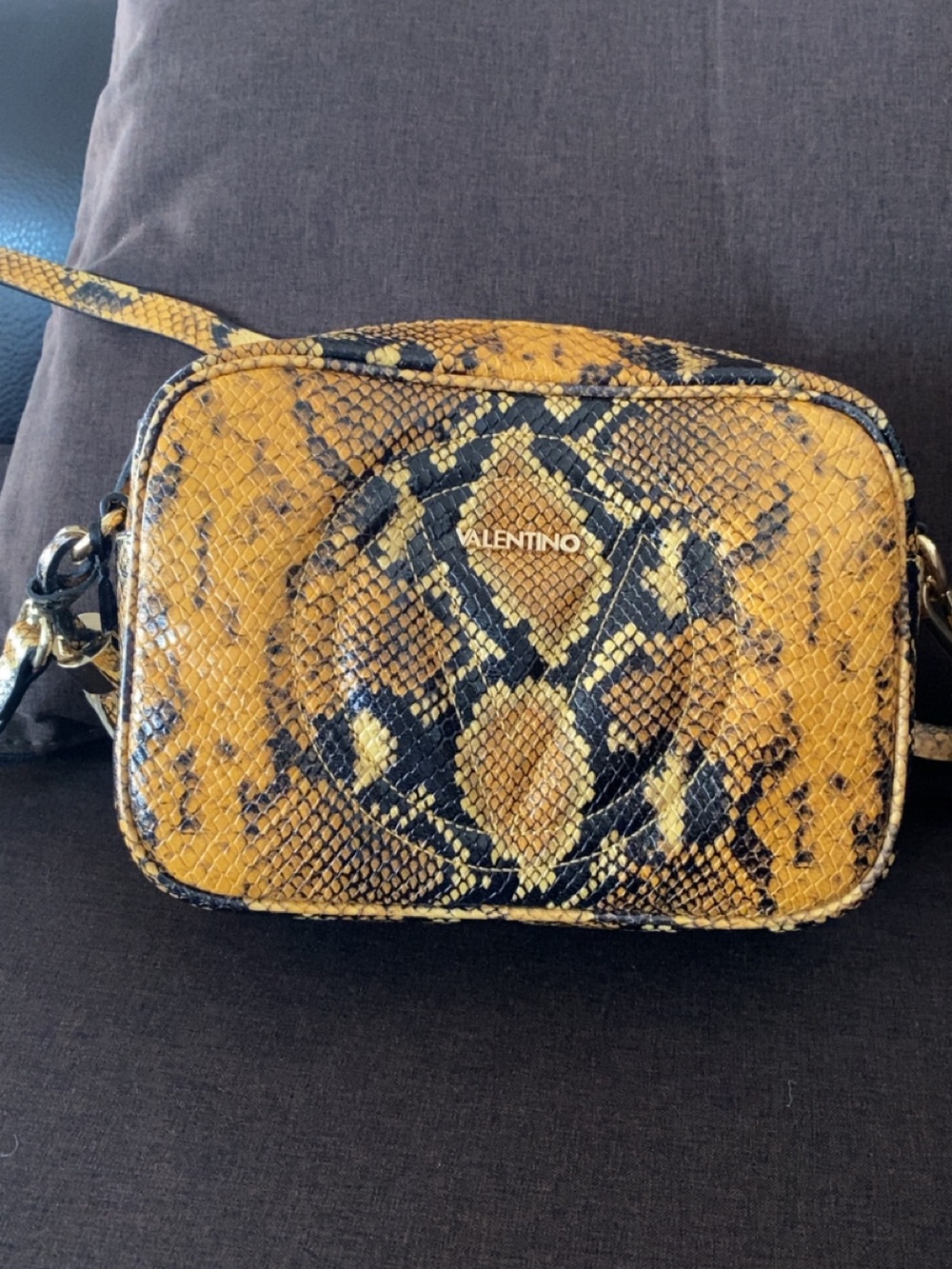 Valentino Yellow and Black Snake-Print Crossbody Bag
